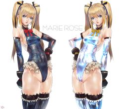 Rule 34 | 2girls, alternate color, arm behind back, armpits, bare shoulders, black gloves, blonde hair, blue eyes, blue one-piece swimsuit, blue thighhighs, bow, bowtie, breasts, buckle, cameltoe, character name, covered navel, cowboy shot, cross-laced clothes, dead or alive, dead or alive 5, detached sleeves, dual persona, frilled legwear, frills, gloves, groin, hair between eyes, hair ornament, hair ribbon, hairclip, halterneck, hand on own hip, highleg, highleg leotard, leotard, long hair, looking at viewer, marie rose, multiple girls, o-ring, one-piece swimsuit, parted lips, partially visible vulva, ribbon, shiny clothes, sideboob, sidelocks, signature, simple background, skin tight, small breasts, smile, swimsuit, symmetry, taut clothes, thighhighs, turtleneck, twintails, white background, yd (orange maru)