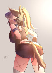 Rule 34 | 1girl, absurdres, alternate costume, animal ears, arknights, bare shoulders, black gloves, black shorts, blonde hair, chinese commentary, commentary request, cowboy shot, dated, elbow gloves, gloves, grani (arknights), grey shirt, hair between eyes, highres, hinanawi mika, horse ears, horse girl, horse tail, leaning forward, long hair, looking at viewer, looking back, partial commentary, purple eyes, shirt, shorts, solo, tail, tank top, thighhighs, tongue, tongue out, visor cap, white thighhighs