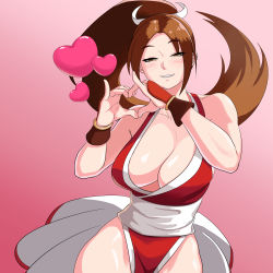 Rule 34 | 1girl, absurdres, arm guards, bare shoulders, blush, breasts, brown eyes, brown hair, cleavage, fatal fury, gradient background, heart, heart hands, high ponytail, highres, large breasts, long hair, looking at viewer, ninja, obi, pelvic curtain, ponytail, red background, revealing clothes, sash, shiranui mai, smile, solo, the king of fighters, thighs, tusukaima