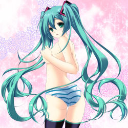 Rule 34 | 1girl, absurdly long hair, aqua hair, ass, bad id, bad pixiv id, black thighhighs, breasts, cameltoe, covering breasts, covering privates, cowboy shot, green eyes, hair between eyes, hatsune miku, kanora, long hair, looking at viewer, looking back, medium breasts, panties, solo, striped clothes, striped panties, thighhighs, topless, twintails, underboob, underwear, underwear only, very long hair, vocaloid