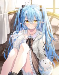 Rule 34 | 1girl, ahoge, akamoku, black bow, blue hair, blue scarf, blush, bow, brown dress, closed mouth, commentary request, couch, cub, curtains, daifuku (yukihana lamy), day, dress, elf, feet out of frame, frilled dress, frills, hair between eyes, hair bow, hand up, heart, heart ahoge, highres, holding, hololive, indoors, jacket, jewelry, knees up, light particles, long hair, long sleeves, looking at viewer, multicolored hair, necklace, official alternate costume, on couch, open clothes, open jacket, pointy ears, scarf, sitting, smile, solo, squiggle, streaked hair, twitter username, two side up, very long hair, virtual youtuber, white jacket, window, yellow eyes, yukihana lamy