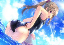 Rule 34 | 1girl, :d, amamiya minato, ass, bad id, bad pixiv id, ball, beachball, blush, brown hair, hair bobbles, hair ornament, one-piece swimsuit, open mouth, original, partially submerged, ponytail, purple eyes, school swimsuit, shiny clothes, smile, solo, sunlight, swimsuit, wading, water, wet