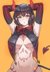 Rule 34 | 1girl, abs, armpits, arms up, black gloves, black hair, bow (bhp), candy, candy wrapper, condom, condom wrapper, demon horns, demon tail, elbow gloves, food, gloves, gradient clothes, hair between eyes, halloween, horns, lollipop, navel, orange background, orange eyes, original, parted lips, pointy ears, red horns, short hair, simple background, sketch, skindentation, slit pupils, solo, tail, toned