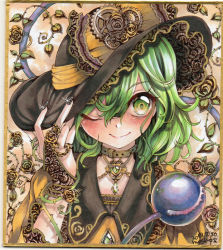 Rule 34 | 1girl, adapted costume, black hat, black nails, blush, bow, chain, collar, commentary request, dated, fingernails, flower, gears, gloves, green eyes, green hair, hat, hat bow, hat ornament, jewelry, komeiji koishi, lace, long fingernails, marker (medium), mosho, nail polish, one eye closed, rose, shirt, smile, solo, third eye, thorns, touhou, traditional media, yellow bow, yellow shirt