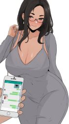 Rule 34 | 1girl, absurdres, black-framed eyewear, black hair, breasts, brown eyes, cellphone, censored, cleavage, dangle earrings, earrings, edmun6969, english text, glasses, highres, jewelry, large breasts, lips, long hair, mole, mole under mouth, mosaic censoring, navel, no bra, original, phone, smartphone, veins, veiny breasts