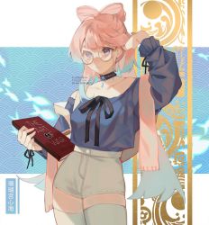 Rule 34 | 1girl, adjusting hair, alternate costume, aqua hair, bare shoulders, bespectacled, blue eyes, blue shirt, book, breasts, choker, closed mouth, commentary, cykedelia, english commentary, fish, genshin impact, glasses, highres, holding, holding book, long hair, long sleeves, multicolored hair, off-shoulder shirt, off shoulder, pink hair, sangonomiya kokomi, shirt, shorts, simple background, solo, thighhighs, white shorts, white thighhighs