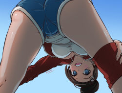 Rule 34 | 10s, 1girl, :d, artist name, asahina aoi, ass, bent over, blue background, blue eyes, blue shorts, blush, breasts, brown hair, danganronpa: trigger happy havoc, danganronpa (series), dark-skinned female, dark skin, eudetenis, from behind, hair ornament, hairclip, highres, jacket, kneepits, large breasts, looking at viewer, looking through own legs, open mouth, ponytail, red jacket, shorts, signature, smile, solo, spread legs, tank top