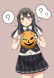 Rule 34 | 1girl, ?, black hair, black skirt, black vest, blue ribbon, blush, brown background, commentary request, crack, dress shirt, gloves, glowing, glowing eye, green eyes, hair ornament, hairclip, halloween, highres, holding, jack-o&#039;-lantern, kantai collection, long hair, neck ribbon, open mouth, oyashio (kancolle), partial commentary, pleated skirt, pumpkin, ribbon, shirt, skirt, solo, thinking, vest, wasumi kei, white gloves, white shirt