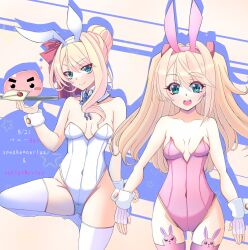 Rule 34 | 2girls, alternate costume, animal ear legwear, animal ears, blonde hair, blue ribbon, blush, bow, breasts, bunny day, character name, closed mouth, colored shadow, commentary request, covered navel, dated, detached collar, drop shadow, fake animal ears, feet out of frame, foot out of frame, green eyes, hair bow, hair bun, hair intakes, highres, holding, holding tray, leotard, long hair, looking at viewer, multiple girls, nagifujisawa, neck ribbon, open mouth, pink leotard, pink thighhighs, playboy bunny, poring, rabbit ear legwear, rabbit ears, ragnarok online, red bow, ribbon, shadow, siblings, single hair bun, single sidelock, sisters, skia nerius, slime (creature), small breasts, smile, spica nerius, standing, standing on one leg, strapless, strapless leotard, thighhighs, tray, twins, white leotard, white thighhighs, wrist cuffs