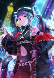 Rule 34 | 1girl, 39, aqua eyes, armband, armpits, belt, black jacket, blunt bangs, blurry, blurry background, breasts, blowing bubbles, cellphone, chain, chain necklace, chest belt, chewing gum, clothing cutout, commentary, depth of field, ear piercing, earrings, goggles, goggles on head, hatsune miku, heattech leotard, highres, holding, holding phone, jacket, jacket partially removed, jewelry, kyashii (a3yu9mi), leotard, long hair, looking at viewer, magical mirai (vocaloid), magical mirai miku, magical mirai miku (2023), medium breasts, navel, navel cutout, necklace, neon lights, night, o-ring, outdoors, pants, phone, piercing, red hair, red jacket, red nails, red pants, shoulder tattoo, sky, smartphone, solo, standing, tattoo, tower, very long hair, vocaloid, zipper
