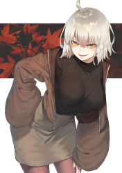 Rule 34 | 1girl, absurdres, ahoge, autumn, autumn leaves, black sweater, breasts, casual, fate/grand order, fate (series), film grain, highres, jeanne d&#039;arc (fate), jeanne d&#039;arc alter (avenger) (fate), jeanne d&#039;arc alter (fate), large breasts, leaf, leaning forward, looking at viewer, maple leaf, pantyhose, rolua, silver hair, skirt, smile, solo, sweater, yellow eyes