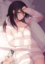 Rule 34 | 1girl, absurdres, arm across chest, arm up, bed, black hair, breasts, brown eyes, cellphone, commentary request, highres, long hair, looking at viewer, lying, mizu (lzzrwi603), multicolored hair, on back, on bed, one eye closed, original, pajamas, parted lips, phone, pillow, small breasts, smartphone, solo, streaked hair, striped clothes, striped pajamas, stuffed animal, stuffed toy