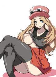 Rule 34 | 10s, 1girl, alternate color, ass, bag, bare shoulders, black thighhighs, blonde hair, blouse, blue eyes, blush, breast slip, breasts, cleavage, clothes lift, collarbone, creatures (company), crossed legs, curvy, eyewear on head, flashing, game freak, gengoroh, green eyes, hair flip, hat, huge breasts, large breasts, legs, long hair, looking at viewer, midriff, miniskirt, naughty face, navel, nintendo, nipples, no bra, one breast out, open mouth, panties, perky breasts, pokemon, pokemon xy, serena (pokemon), sexually suggestive, shirt, shirt lift, shoes, simple background, sitting, skirt, skirt lift, sleeveless, smile, solo, sunglasses, teeth, thighhighs, thighs, uncensored, underwear, upskirt, white background, white panties, wristband