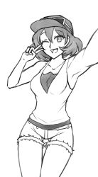 Rule 34 | 1girl, ;), armpits, arms up, bare shoulders, breasts, cameltoe, camera, camera phone, cellphone, creatures (company), cropped legs, denim, eyewear on head, female focus, game freak, hat, monochrome, nintendo, one eye closed, open mouth, phone, pokemon, pokemon sm, selfie, short shorts, shorts, simple background, sina (pokemon), smile, solo, tank top, twrlare, v, white background, wink
