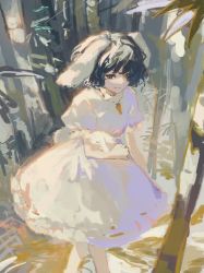 Rule 34 | 1girl, animal ears, bamboo, bamboo forest, black hair, brown eyes, carrot necklace, closed mouth, commentary request, dress, forest, hand up, highres, inaba tewi, jewelry, leaf, looking to the side, nature, necklace, one-hour drawing challenge, puffy short sleeves, puffy sleeves, rabbit ears, rabbit tail, short hair, short sleeves, smile, solo, standing, tail, touhou, white dress