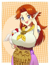 Rule 34 | 1girl, bird, blue eyes, blush, bowser, breasts, brown hair, chicken, cucco, hecticsketchin, highres, large breasts, long hair, malon, nintendo, open mouth, pointy ears, smile, solo, the legend of zelda, the legend of zelda: ocarina of time