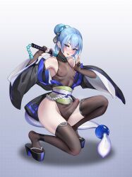 Rule 34 | 1boy, :p, absurdres, arknights, black gloves, black thighhighs, blue hair, blue nails, blush, bulge, censored, elbow gloves, erection, erection under clothes, gins, gloves, hair bun, high heels, highres, holding, holding weapon, japanese clothes, kimono, leotard, male focus, mizuki (arknights), mosaic censoring, nipple piercing, nipples, okobo, piercing, precum, purple eyes, sandals, sash, see-through, single hair bun, smile, solo, squatting, thighhighs, tiptoes, tongue, tongue out, trap, weapon