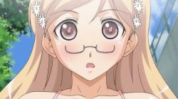 Rule 34 | 10s, 1girl, animated, animated gif, assisted exposure, blonde hair, blush, breasts, fault!!, glasses, hayama rika, huge breasts, nipples, swimsuit, t-rex (animation studio)