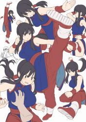 Rule 34 | 1girl, bare shoulders, black eyes, black hair, blue dress, blush, breasts, chi-chi (dragon ball), china dress, chinese clothes, disembodied hand, dragon ball, dress, fighting stance, full body, grabbing, grabbing another&#039;s breast, kicking, large breasts, long hair, multiple views, muten roushi, open mouth, pants, pelvic curtain, ponytail, red pants, shiseki hirame, sidelocks, smile, thumbs up, wristband