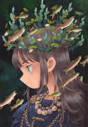 Rule 34 | 1girl, absurdres, air bubble, animal, aqua eyes, black hair, blue dress, bubble, chain, commentary, dress, english commentary, eyelashes, fish, from side, frown, head wreath, heikala, highres, jewelry, lily pad, long hair, looking away, necklace, original, plant, portrait, profile, school of fish, seaweed, sidelocks, solo, submerged, underwater, vines