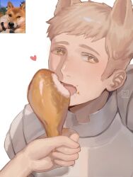 Rule 34 | + +, 1boy, animal, animal ears, armor, artist name, brown eyes, brown hair, chicken (food), colored eyelashes, commentary, disembodied hand, dog, dog boy, dog ears, drooling, dungeon meshi, eating, eikop, english commentary, fang, food, food on face, heart, highres, holding, holding food, kemonomimi mode, logo, looking at viewer, male focus, open mouth, pauldrons, pov, reference inset, short hair, shoulder armor, simple background, skin fang, twitter username, undercut, upper body, very short hair, white background