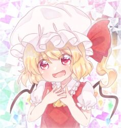Rule 34 | 1girl, ascot, blonde hair, crystal wings, dress, flandre scarlet, frilled dress, frills, hand on own chest, hat, hat ribbon, mob cap, open mouth, puffy sleeves, red ribbon, ribbon, sacchan happy, side ponytail, solo, touhou, upper body, yellow ascot