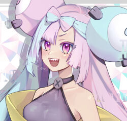 Rule 34 | 1girl, blue eyes, blurry, bow-shaped hair, breasts, character hair ornament, creatures (company), depth of field, game freak, gen 1 pokemon, hair ornament, hand up, highres, iono (pokemon), jacket, long hair, looking at viewer, low-tied long hair, magnemite, multicolored hair, nintendo, open mouth, oversized clothes, pokemon, pokemon sv, sharp teeth, single leg pantyhose, sleeves past fingers, sleeves past wrists, smile, split-color hair, teeth, two-tone hair, very long sleeves, yamada momoyama, yellow jacket