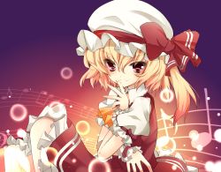 Rule 34 | 1girl, ascot, bad id, bad pixiv id, blonde hair, bow, dress, flandre scarlet, from side, gotou nao, gradient background, hair between eyes, hat, hat bow, highres, looking at viewer, mob cap, musical note, pink eyes, puffy sleeves, red dress, serio (columns), shirt, short sleeves, side ponytail, smile, solo, staff (music), touhou, wrist cuffs