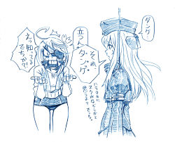 Rule 34 | 10s, 2girls, ahoge, ashita no joe, bbb (friskuser), blue theme, commentary request, cropped jacket, eyepatch, garrison cap, hair ornament, hat, i-58 (kancolle), kantai collection, long hair, long sleeves, military, military uniform, monochrome, multiple girls, open mouth, puffy long sleeves, puffy sleeves, school swimsuit, short hair, simple background, sleeves rolled up, sweatdrop, swimsuit, swimsuit under clothes, tange danpei, text focus, towel, towel around neck, translation request, u-511 (kancolle), uniform, white background