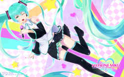 Rule 34 | 1girl, aqua eyes, aqua hair, aqua nails, bad id, bad pixiv id, checkered background, detached sleeves, hatsune miku, headset, heart, highres, kazeno, long hair, microphone, nail polish, navel, necktie, one eye closed, panties, skirt, solo, star (symbol), striped clothes, striped panties, thighhighs, twintails, underwear, very long hair, vocaloid, wallpaper, wink
