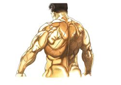 Rule 34 | 1boy, arms at sides, ass, back muscles, black hair, character request, completely nude, facing away, from behind, garouden, male focus, medium request, multiple scars, muscular, muscular male, nude, scan, scar, second-party source, short hair, simple background, solo, strongman waist, taniguchi jiro, veins, veiny arms, white background