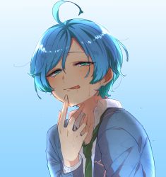Rule 34 | 10s, 1boy, :d, aqua hair, bad id, bad pixiv id, blue background, blue hair, chiyo (tktydot-com), ensemble stars!, finger to mouth, green eyes, green necktie, highres, licking lips, looking at viewer, male focus, naughty face, necktie, open mouth, shinkai kanata, smile, solo, tongue, tongue out, upper body, wet, wet clothes, wet hair