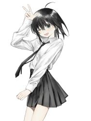 Rule 34 | 1girl, ahoge, arm up, black hair, black necktie, black skirt, blue eyes, collared shirt, fang, hair between eyes, highres, long sleeves, looking at viewer, medium hair, necktie, one eye closed, open mouth, original, pleated skirt, shirt, simple background, skin fang, skirt, smile, solo, w, white background, white shirt, xxxsoiu1