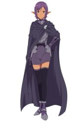 Rule 34 | 10s, 1girl, armor, armored boots, boots, brown eyes, cape, dark-skinned female, dark skin, earrings, elf, full body, hand on own hip, jewelry, kizmel, looking at viewer, pointy ears, purple hair, purple thighhighs, short hair, simple background, solo, sword art online, thighhighs, white background