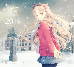 Rule 34 | arms behind back, bare tree, blonde hair, blue skirt, bow, brown scarf, building, coat, cowboy shot, dated, day, duffel coat, ereshkigal (fate), fate/grand order, fate (series), grey sky, hair bow, happy new year, long hair, long sleeves, looking at viewer, new year, outdoors, pantyhose, parted bangs, plaid, plaid scarf, plaid skirt, red bow, red coat, red eyes, scarf, skirt, sky, smile, snow, snowing, standing, statue, tiara, tree, two side up, very long hair, yue natsuki