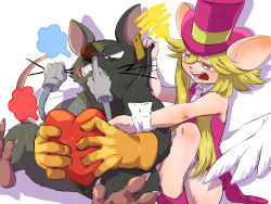 Rule 34 | 1girl, 2boys, animal ears, blush stickers, breasts, ear tag, gloves, green hair, hat, heart, heart (mad rat dead), heart tail, highres, leotard, mad rat, mad rat dead, mouse (animal), mouse ears, mouse girl, mouse tail, multiple boys, necktie, nippon ichi, rat god, red eyes, tail, top hat, wings, wrist cuffs