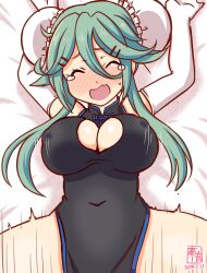 Rule 34 | 1girl, alternate breast size, alternate costume, artist logo, black dress, blanket, blush, bouncing breasts, breasts, bun cover, china dress, chinese clothes, cleavage cutout, clothing cutout, dated, double bun, dress, elbow gloves, gloves, green hair, hair between eyes, hair bun, hair ornament, hairclip, kanon (kurogane knights), kantai collection, large breasts, long hair, lying, one-hour drawing challenge, open mouth, sex, spread legs, tears, yamakaze (kancolle)