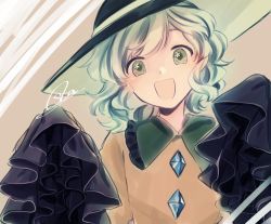 Rule 34 | 1girl, black hat, brown background, green eyes, green hair, hands up, hat, komeiji koishi, looking at viewer, medium hair, open mouth, shirt, signature, sleeves past fingers, sleeves past wrists, smile, solo, souta (karasu no ouchi), symbol in eye, touhou, upper body, yellow shirt