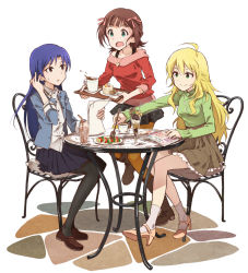 Rule 34 | 3girls, ahoge, amami haruka, bare shoulders, black legwear, black skirt, blonde hair, blue hair, blue jacket, blue skirt, blush, boots, breasts, brown eyes, brown footwear, brown hair, charin, closed mouth, collarbone, commentary, cup, drinking straw, earphones, flat chest, food, fork, full body, fur trim, green eyes, green shirt, hair ribbon, high heels, holding, holding fork, holding paper, holding tray, hoshii miki, idolmaster, idolmaster (classic), jacket, kisaragi chihaya, loafers, long hair, long sleeves, looking at another, medium breasts, miniskirt, multiple girls, official art, open clothes, open jacket, open mouth, orange legwear, outdoors, pantyhose, paper, parfait, pink ribbon, plaid, plaid skirt, pleated skirt, reading, red shirt, ribbon, shirt, shoes, short hair, sitting, skirt, smile, sweatdrop, sweater, table, teacup, tray, white legwear, white shirt