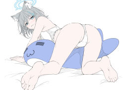 Rule 34 | 1girl, absurdres, alternate costume, animal ear fluff, animal ears, ass, bare arms, bare legs, barefoot, blue archive, commentary, cross hair ornament, embarrassed, extra ears, feet, flat color, from behind, full body, grey hair, hair ornament, halo, highres, inflatable toy, inflatable whale, legs, masabodo, medium hair, panties, photo-referenced, shiroko (blue archive), soles, solo, symbol-only commentary, toes, underwear, white panties, wolf ears