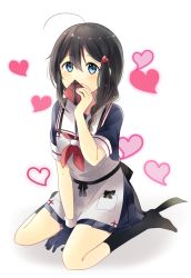 Rule 34 | 1girl, ahoge, apron, bad id, bad pixiv id, black hair, black socks, blue eyes, box, braid, commentary request, covering own mouth, full body, gift, gift box, gloves, hair between eyes, hair ornament, hair over shoulder, hairclip, heart, heart hair ornament, holding, kantai collection, long hair, looking at viewer, neckerchief, no shoes, pleated skirt, red neckerchief, school uniform, serafuku, shadow, shigure (kancolle), short sleeves, single braid, single glove, sitting, skirt, socks, solo, valentine, wariza, white background, yukichi (eikichi)