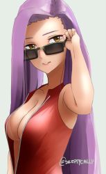 Rule 34 | 1girl, adjusting eyewear, asymmetrical bangs, bikini tan, blouse, blue background, blunt bangs, breasts, cleavage, fire emblem, fire emblem echoes: shadows of valentia, from side, grey background, halterneck, highres, lips, long hair, medium breasts, nintendo, no bra, open clothes, open shirt, parted bangs, purple hair, shirt, simple background, skeptycally, solo, sonya (fire emblem gaiden), standing, sunglasses, tan, tanline, twitter username, upper body, very long hair, yellow eyes
