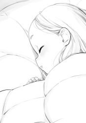 Rule 34 | 1girl, close-up, closed eyes, greyscale, highres, long hair, lying, monochrome, on side, original, parted lips, pillow, ryo chimo, sketch, sleeping, solo, under covers
