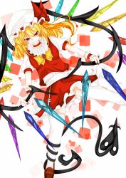 Rule 34 | &gt;:), 1girl, blonde hair, blush, bow, bowtie, breasts, brooch, choker, closed mouth, crystal, flandre scarlet, frilled shirt collar, frilled skirt, frills, hat, hat ribbon, highres, jewelry, laevatein, loafers, long hair, looking at viewer, medium breasts, mob cap, puffy short sleeves, puffy sleeves, red eyes, red ribbon, red skirt, red vest, ribbon, sarasadou dan, shirt, shoes, short sleeves, side ponytail, skirt, skirt set, smile, solo, thighhighs, touhou, tsurime, v-shaped eyebrows, vest, white shirt, white thighhighs, wings, wrist cuffs, yellow bow, yellow bowtie
