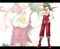 Rule 34 | 1girl, ascot, bad id, bad pixiv id, blouse, boots, character name, closed umbrella, cross-laced footwear, fang, female focus, geike, green hair, hand on own hip, kazami yuuka, kazami yuuka (pc-98), lace-up boots, letterboxed, lipstick, long hair, makeup, mystic square, over shoulder, pants, pantyhose, parasol, plaid, plaid pants, puffy sleeves, red eyes, shirt, solo, touhou, touhou (pc-98), umbrella, zoom layer