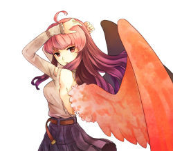 Rule 34 | 1girl, arms up, chaa (ritoporu), long hair, looking at viewer, looking back, original, simple background, skirt, solo, white background, wings