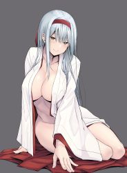 Rule 34 | 1girl, absurdres, bottomless, breasts, brown eyes, cleavage, commentary, grey background, hairband, highres, japanese clothes, kantai collection, kimono, large breasts, long hair, no bra, no panties, open clothes, satou samu, shoukaku (kancolle), skirt, unworn skirt, smile, solo, white hair