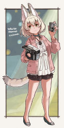 Rule 34 | 1girl, alternate costume, animal ears, blue choker, blue footwear, brown shorts, camcorder, casual, cat ears, cat girl, cat tail, choker, commentary request, extra ears, flats, highres, jacket, kemono friends, long sleeves, open clothes, open jacket, pink jacket, pleated shirt, serval print, shirt, short hair, shorts, solo, tail, toriny, video camera, white hair, white serval (kemono friends), white shirt, yellow eyes