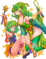 Rule 34 | blue eyes, breasts, cape, cleavage, closed mouth, detached sleeves, dual persona, earrings, final fantasy, final fantasy iv, full body, green eyes, green hair, green leotard, hair ornament, jewelry, leotard, long hair, looking at viewer, medium breasts, nail polish, aged up, open mouth, payu (pyms11), rydia (ff4), smile, thighhighs, toes, weapon, whip