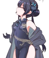 Rule 34 | 1girl, black coat, black gloves, black hair, blue archive, blush, breasts, china dress, chinese clothes, closed mouth, coat, covered navel, double bun, dragon print, dress, gloves, grey eyes, hair bun, hair ornament, half-closed eyes, hand on own hip, highres, kisaki (blue archive), long hair, looking at viewer, off shoulder, open clothes, open coat, pelvic curtain, shiming liangjing, simple background, sleeveless, sleeveless dress, small breasts, solo, twintails, white background